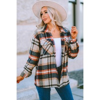 Azura Exchange Khaki Geometric Plaid Print Pocketed Shacket - M thumbnail
