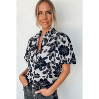 Black Floral Bubble Sleeve Casual Shirt - L thumbnail