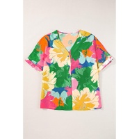 Multicolour Floral Print Folded Short Sleeve Shirt - L thumbnail