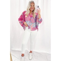 Rose Red Floral Allover Print Buttoned V Neck Oversized Shirt - M thumbnail
