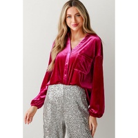 Pitaya Pink Buttoned V Neck Chest Pocket Velvet Shirt - XL thumbnail