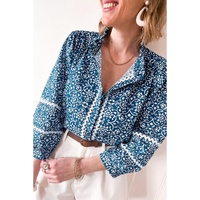 Blue Floral Ric-rac Patchwork Button Loose Fit Shirt - M thumbnail