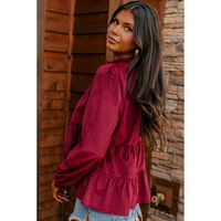 Burgundy Corduroy Ruffle Tiered Buttoned O Neck Shirt - XL thumbnail