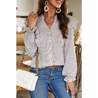 Brown Plaid Flounce Sleeve Notched Neck Ruffled Shirt - L thumbnail