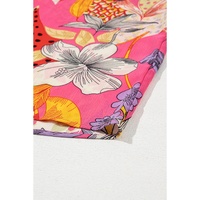 Red Abstract Floral Print Buttoned Ruffled Bubble Sleeve Shirt - L thumbnail