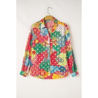 Rose Red Colorblock Abstract Print Button up Loose Shirt - S thumbnail