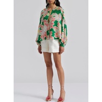 Green Floral Print Button up Pleated Puff Sleeve Loose Shirt - M thumbnail