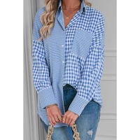 Sky Blue Stripe Plaid Patchwork Button up Long Sleeve Shirt - S thumbnail