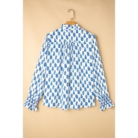 Sky Blue Boho Floral Printed Lantern Sleeve Frilled Neck Shirred Shirt - L thumbnail