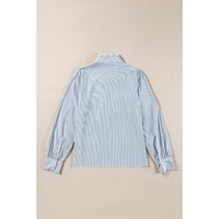 Sky Blue Stripe Frilled Trim Button Up Long Sleeve Shirt - L thumbnail