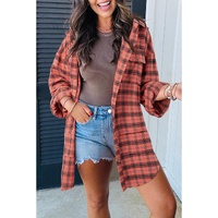 Red Plaid Long Sleeeve Side Split Distressed Hem Shirt - M thumbnail