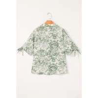 Green Landscape Print Tied 3/4 Sleeve Shirt with Sash - S thumbnail