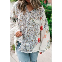 Purple Boho Floral Bishop Sleeve Button Up Loose Shirt - L thumbnail