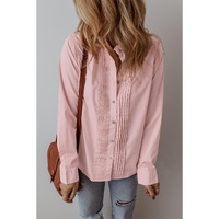Light Pink Pleated Button-Up Loose Fit Casual Shirt - L thumbnail