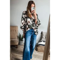 Four Leaf Clover Abstract Floral Print Puff Sleeve Half Button Blouse - L thumbnail