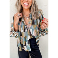 Green Geometric Print Buttoned Balloon Sleeve Loose Fit Shirt - S thumbnail