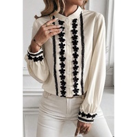 Beige Floral Embroidered Stand Neck Buttoned Shirt - S thumbnail