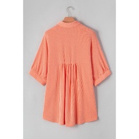 Grapefruit Orange Corded Half Sleeve Button Up High Low Hem Loose Shirt - S thumbnail