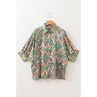 Dark Green Abstract Print Half Sleeve Button up Loose Shirt - M thumbnail