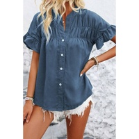 Real Teal Solid Color Ruffle Ruched Short Sleeve Buttoned Shirt - S thumbnail