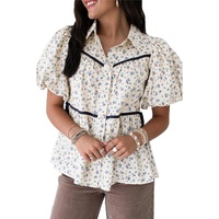 White Contrast Trim Floral Puff Short Sleeve Shirt - L thumbnail