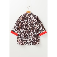 Dark Brown Contrast Trim Patchwork Leopard Print Half Sleeve Shirt - L thumbnail