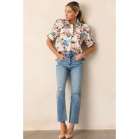 Multicolour Floral Print Ricrac Trim Collared Puff Short Sleeve Shirt - XL thumbnail