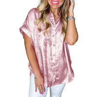 Pink Metallic Sheen Short Sleeve Buttoned Front Casual Shirt - L thumbnail