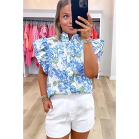 Sky Blue Floral Print Ruffle Sleeve Frilly Button Up Shirt - XL thumbnail
