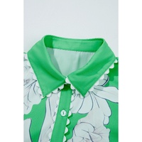Green Floral Ric Rac Edge Puff Sleeve Button Up Summer Shirt - M thumbnail