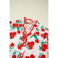 Red Floral Print Ruffled Puff Sleeve Elegant Summer Shirt - S thumbnail