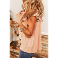 Apricot Pink Floral Patchwork Square Neck Ruffle Sleeve Blouse - M thumbnail