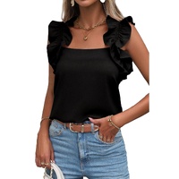 Black Solid Ruffle Trim Sleeveless Top - XL thumbnail