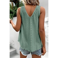 Mist Green Lace Crochet Splicing V Neck Loose Fit Tank Top - L thumbnail