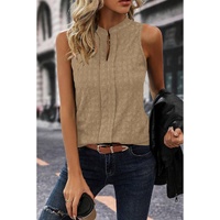 Light French Beige Lattice Textured Split Neck Tank Top - L thumbnail