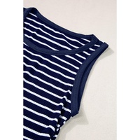 Blue Stripe Contrast Round Neck Sleeveless Slim Top - L thumbnail