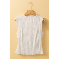 White Solid Color Wavy Textured Round Neck Tank Top - M thumbnail