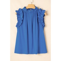 Sky Blue Frilled Neck Ruffled Armholes Buttoned Back Tank Top - L thumbnail