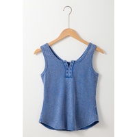Sky Blue Mineral Wash Ribbed Notch Neck Tank Top - L thumbnail