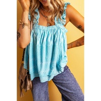 Sky Blue Tribal Pattern Print Ruffled Wide Straps Loose Tank Top - L thumbnail