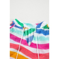 Rose Red Rainbow Stripes Ruffled Hem Drawstring V Neck Tank Top - L thumbnail