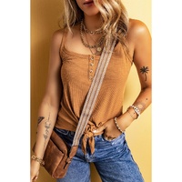 Straw Yellow Ribbed Front Knot Buttoned Thin Strap Tank Top - L thumbnail