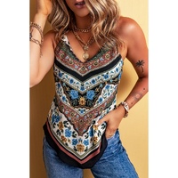 Red Mixed Floral Chevron Pattern Dip Hem Spaghetti Straps Tank - M thumbnail