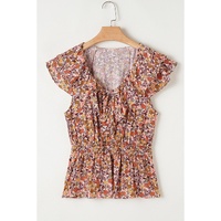 Red Floral Print Knot V Neck Ruffled Sleeve Blouse - XL thumbnail