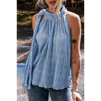 Myosotis Textured Pleated Tied Mock Neck  Flowy Tank Top - L thumbnail