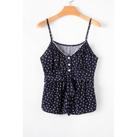 Blue Floral Print Spaghetti Strap Buttoned V Neck Tank Top - L thumbnail