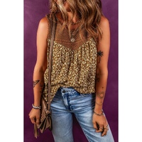 Brown Eyelet Knit Yoke Patchwork Printed Flowy Fit Tank Top - S thumbnail