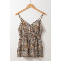 Khaki Paisley Printed Spaghetti Strap V Neck Smocked Babydoll Tank Top - L thumbnail