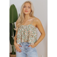 White Boho Floral Spaghetti Strap Ruffle Summer Tank Top - L thumbnail