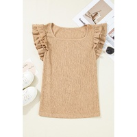 Smoke Gray Ruffled Tiered Sleeve Square Neck Textured Top - L thumbnail